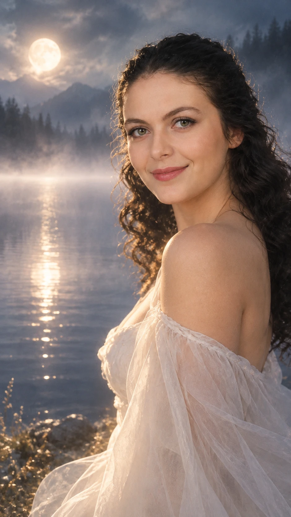 An ethereal woman stands beside a tranquil lake in soft mist