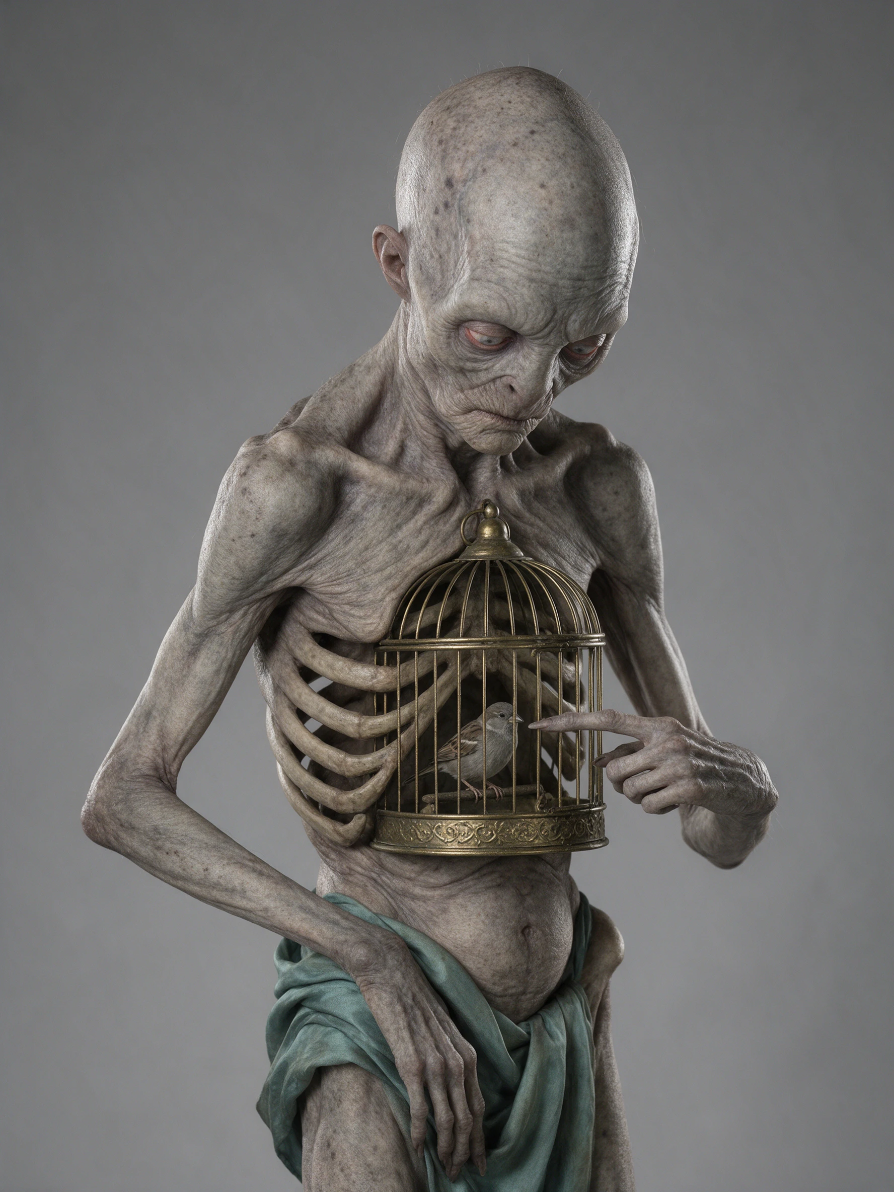 Una criatura demacrada observa a un gorrión en la jaula ornamentada de su pecho
