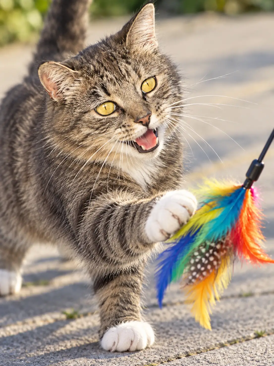 A tabby cat plays with a colorful bird feather