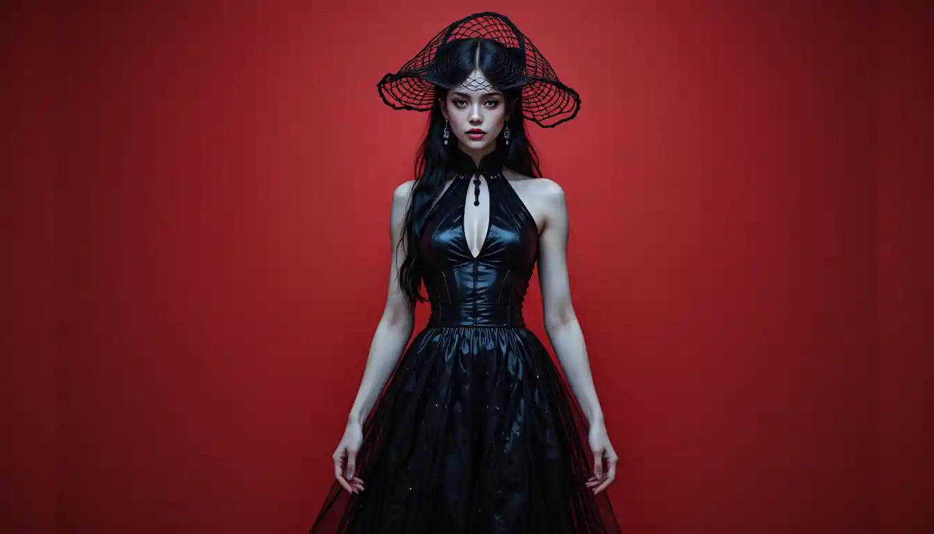 선명한 붉은 배경 앞에 선 검은 옷차림의 창백한 여성
