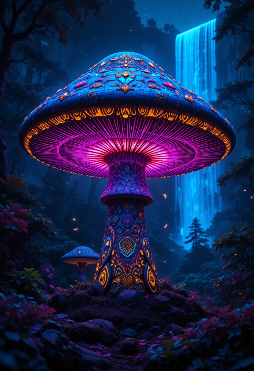 夜の enchanted forest に浮かび上がる、光る模様をまとった巨大なサイケデリックキノコ