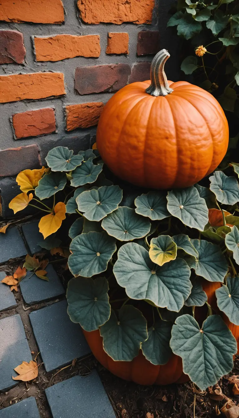Una calabaza de ladrillos y cemento crece en un huerto