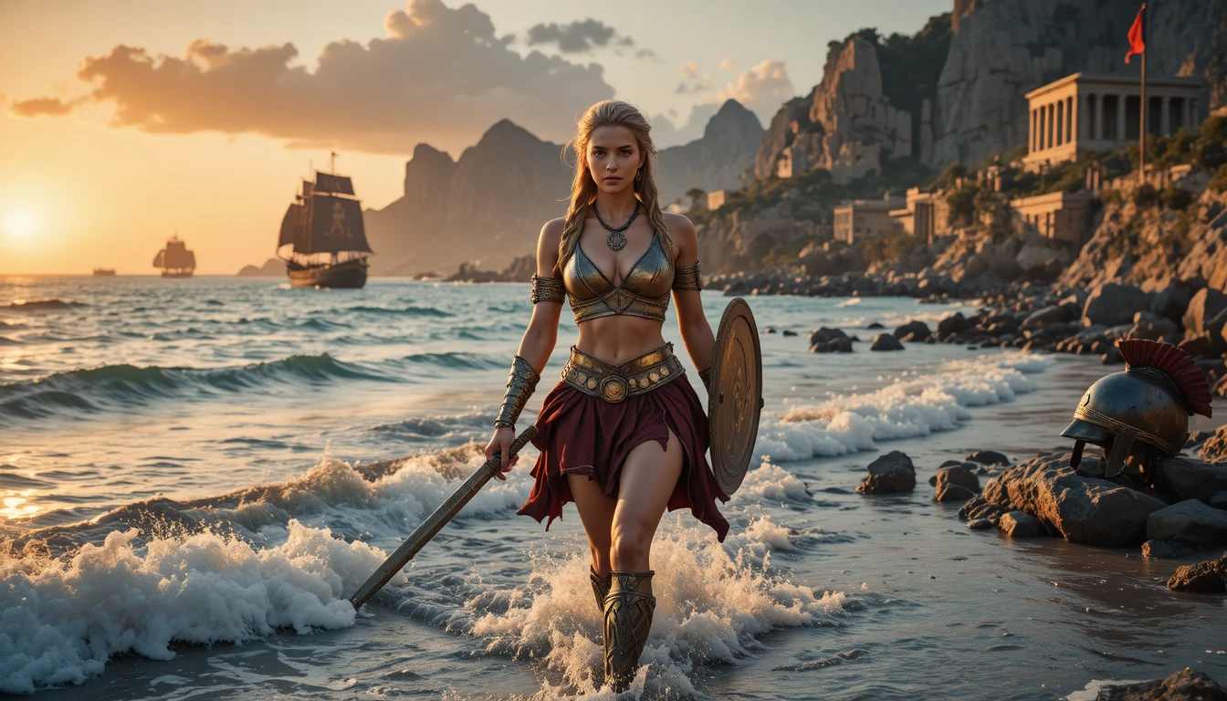 Blonde Spartan warrior walking barefoot along a rocky coastline at sunset