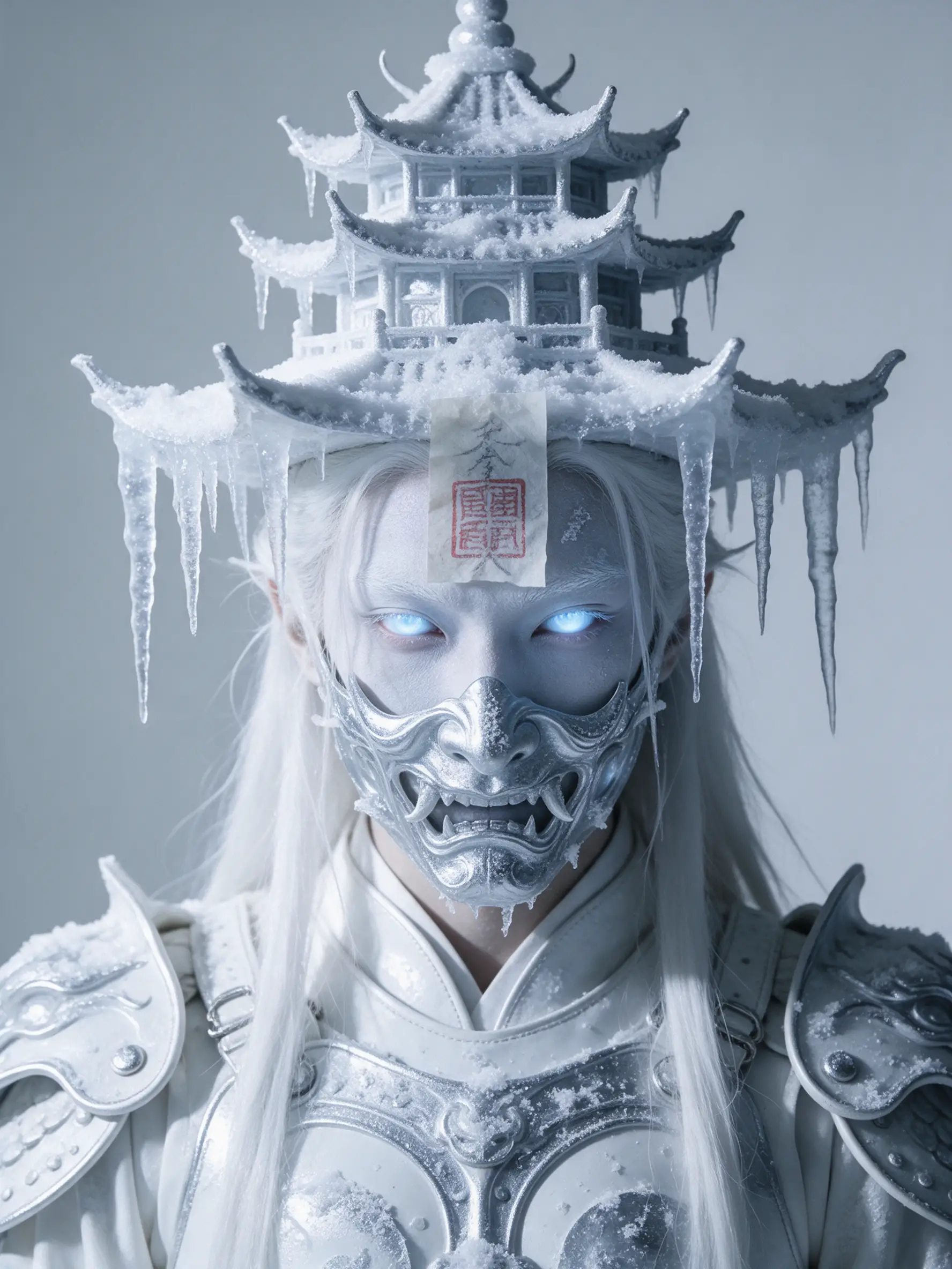 A snow wraith portrait with a frozen talisman and pagoda headpiece