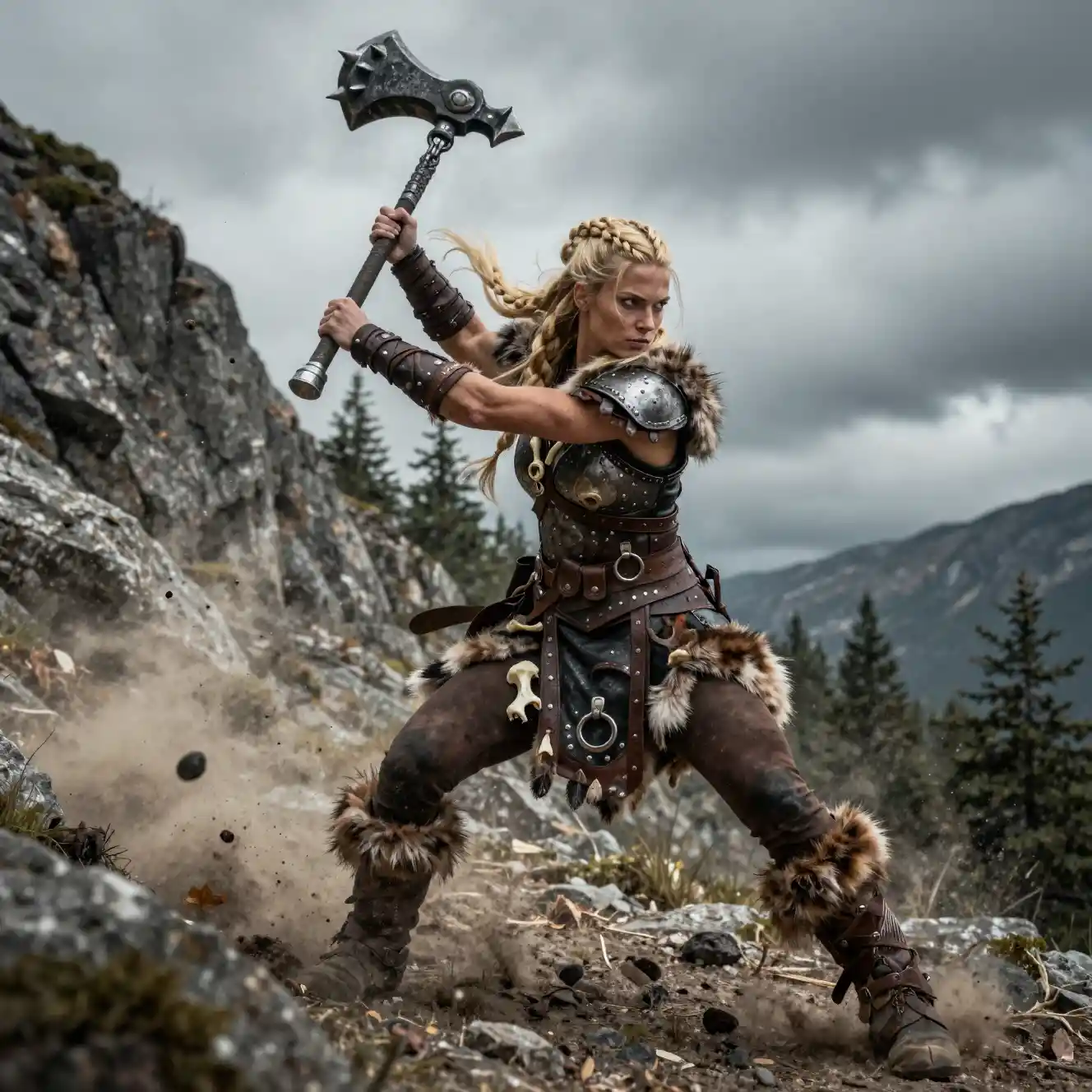 A blonde warrior swings a spiked flail along a rocky mountain path