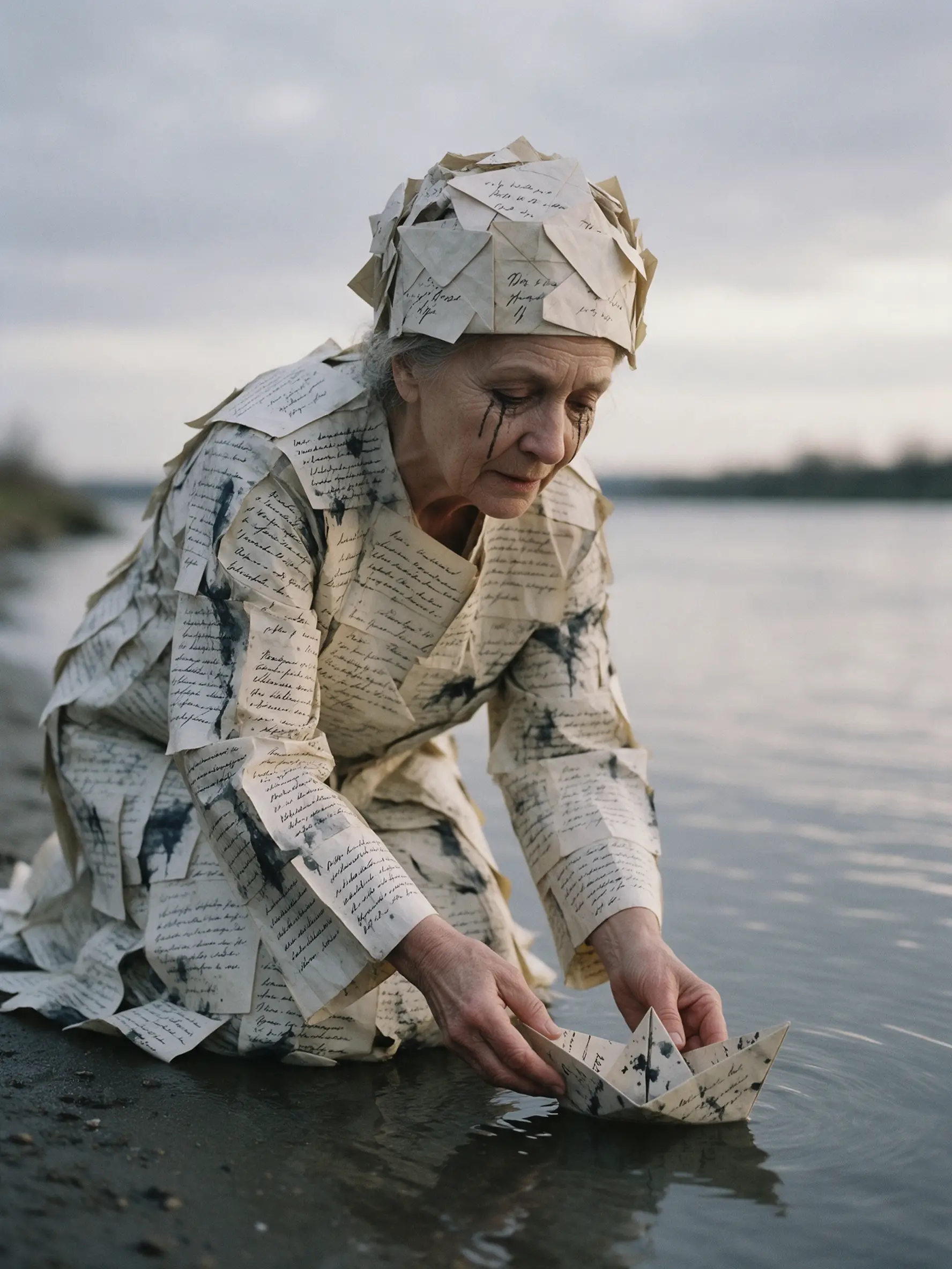 An elderly woman kneels by a river and releases a paper boat at dawn