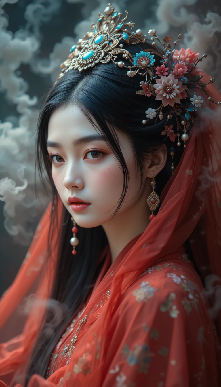 中国オペラに着想を得たメイクと宝石の髪飾りをまとった幻想的な女性