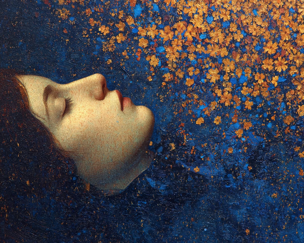 Un collage surréaliste et envoûtant aux tons indigo profond et orange doré
