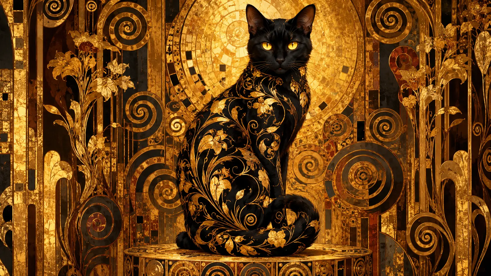A black cat surrounded by ornate gold Art Nouveau patterns
