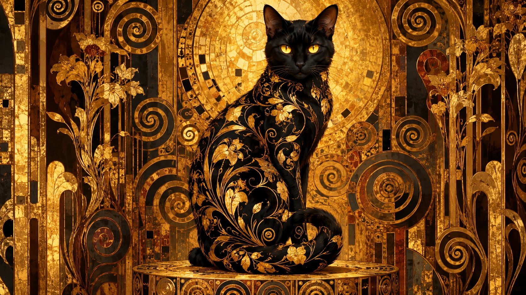 A black cat surrounded by ornate gold Art Nouveau patterns