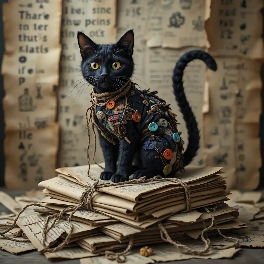 A Patchwork Black Cat Perches on a Stack of Old Letters