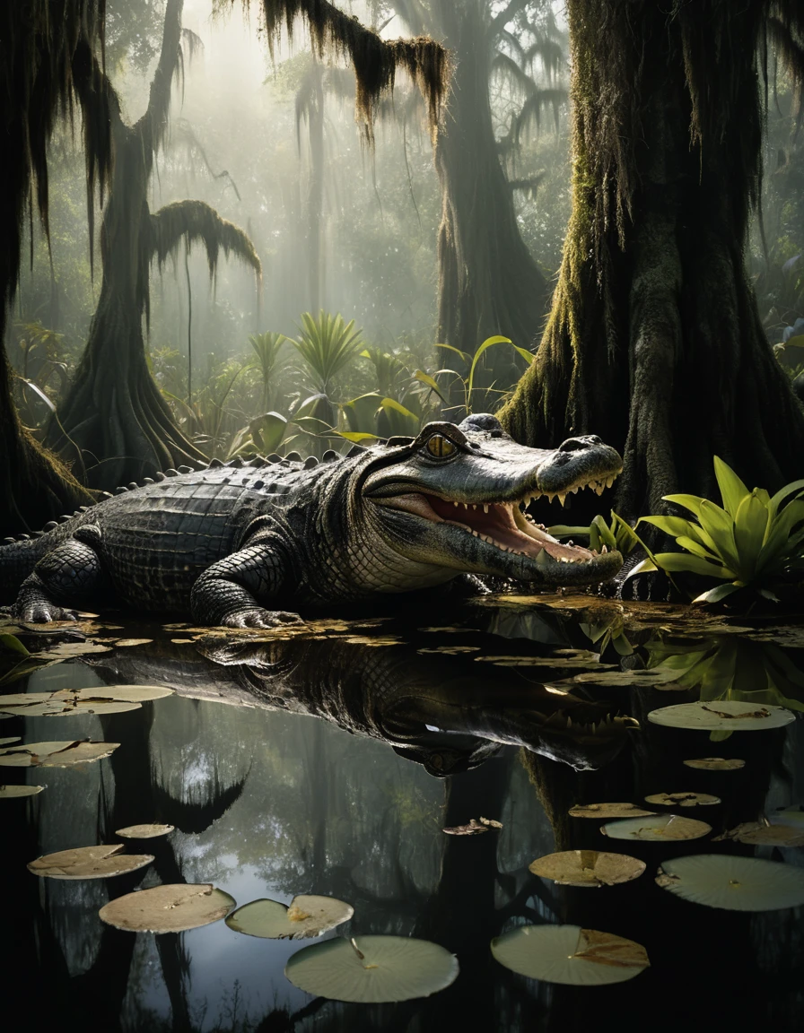 Ein Louisiana-Alligator lauert unter den Spiegelungen der Zypressen in einem nebligen Bayou
