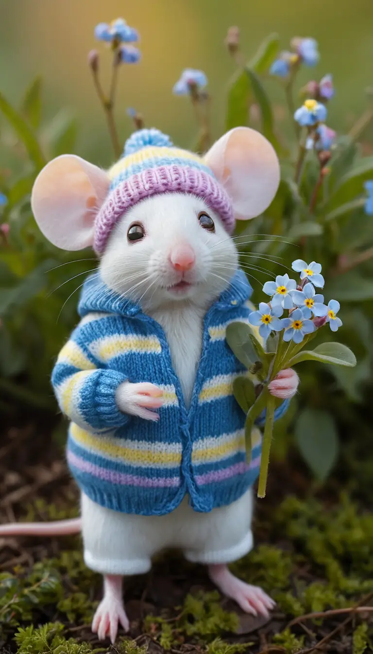 A White Mouse Holds Forget-Me-Not Flowers in a Striped Knitted Hat