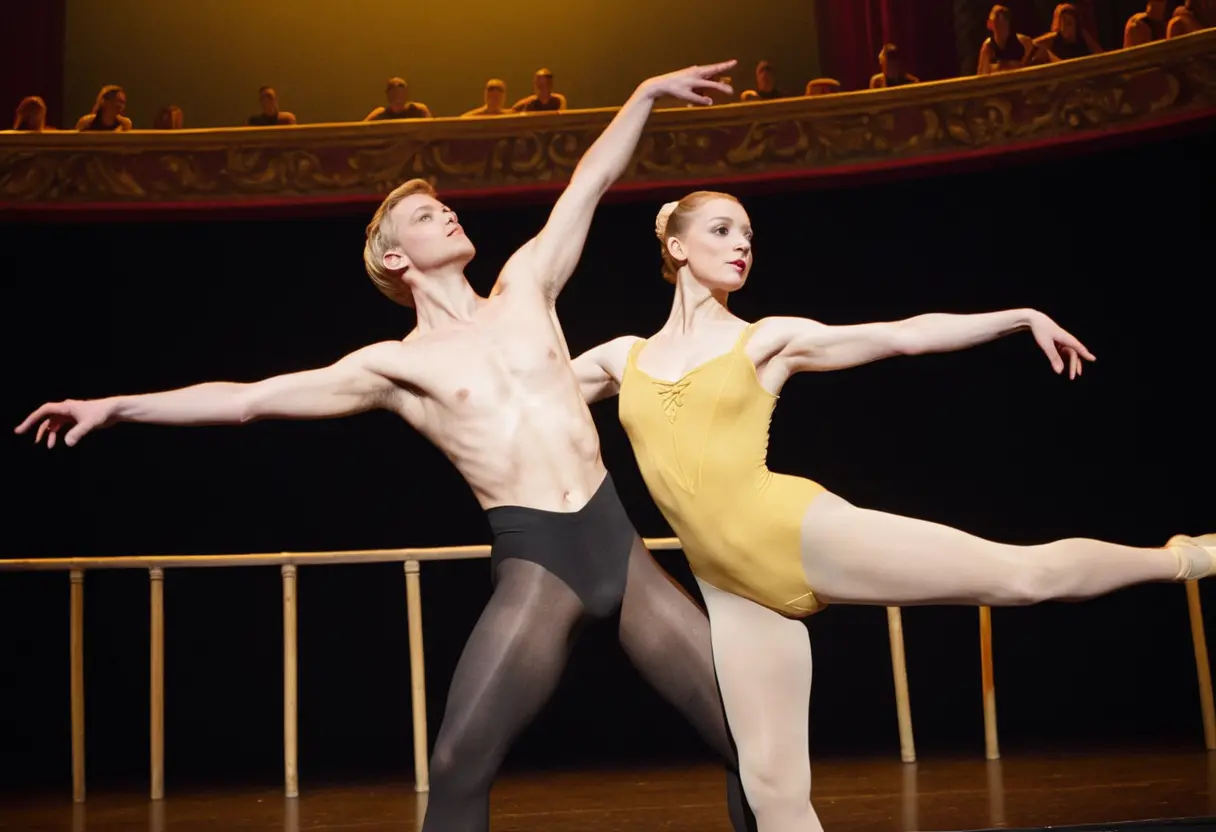 Eine blonde Balletttänzerin lehnt sich auf der Bühne in die Arme ihres Partners zurück