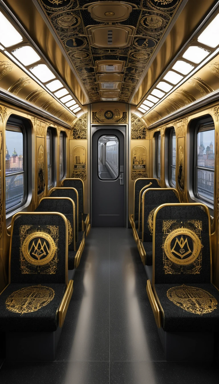 A Black Moscow Metro Train Decorated With Golden City Symbols