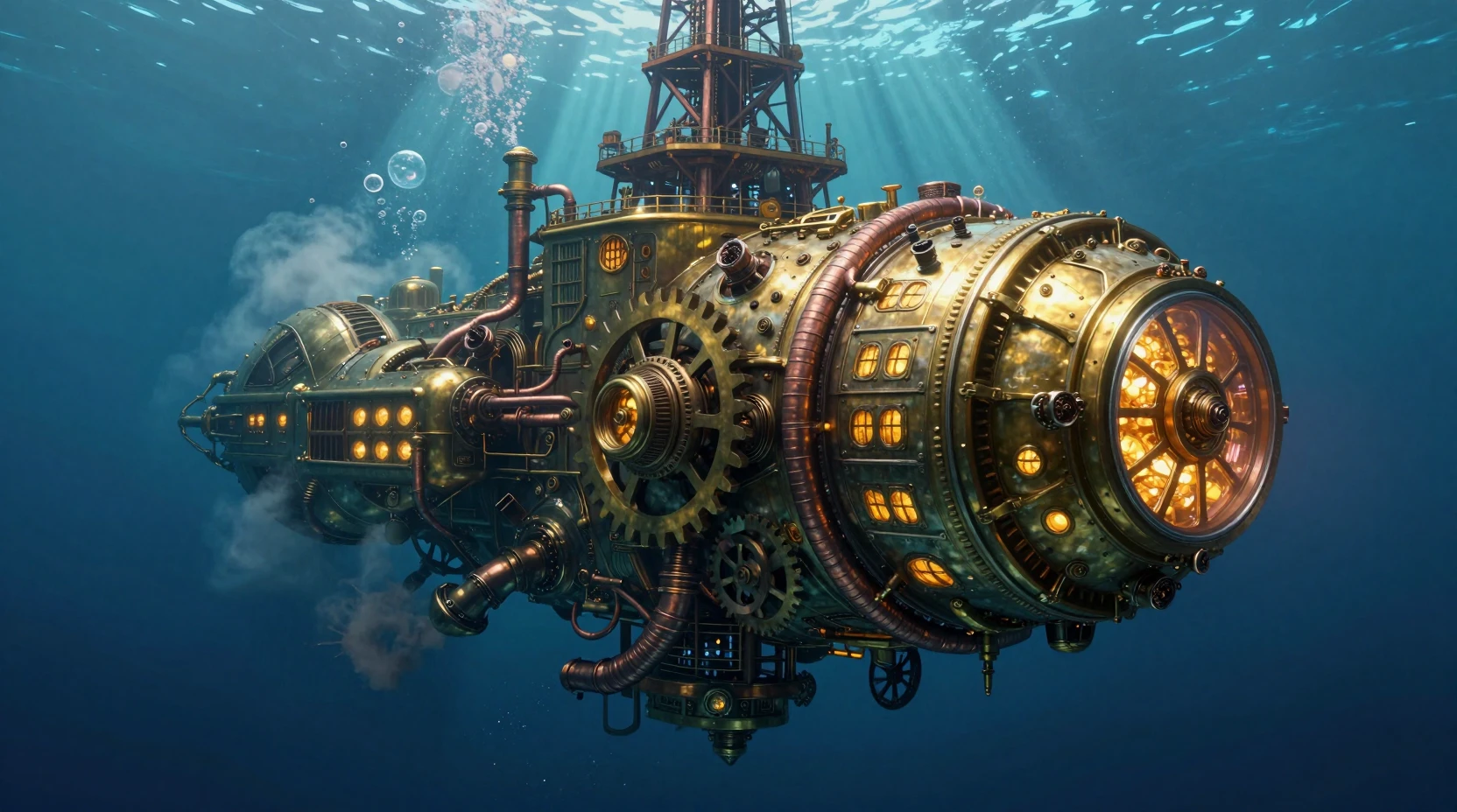 A colossal steampunk spaceship ascends from the deep ocean floor