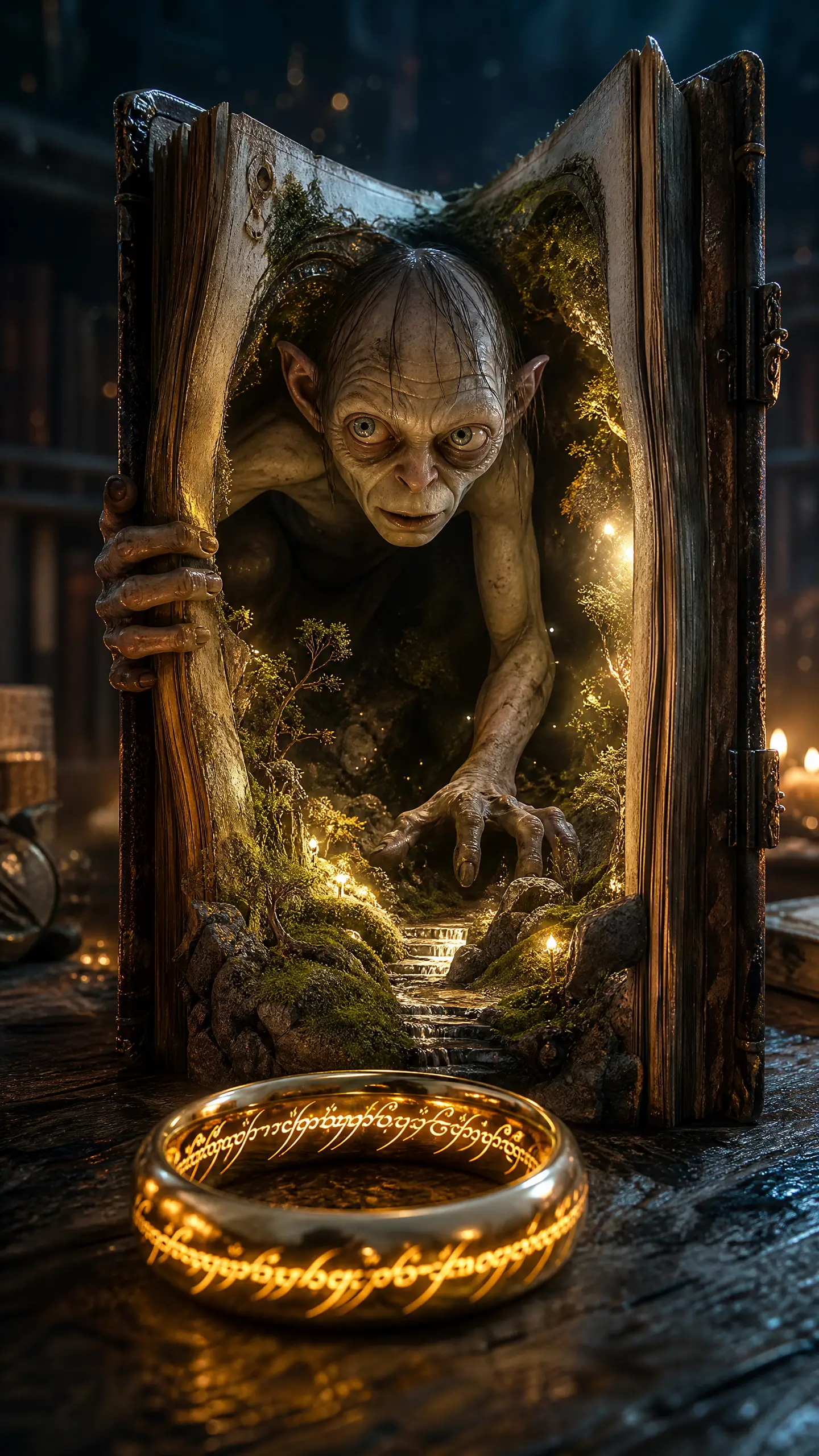 Gollum steigt aus einem aufrecht stehenden alten Zauberbuch hervor