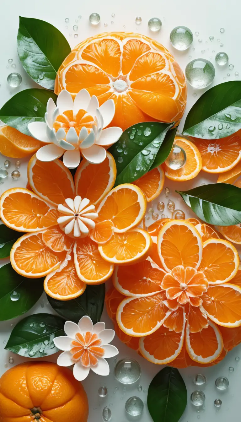 明るい背景に、みかんと皮で作られた重なり合う花