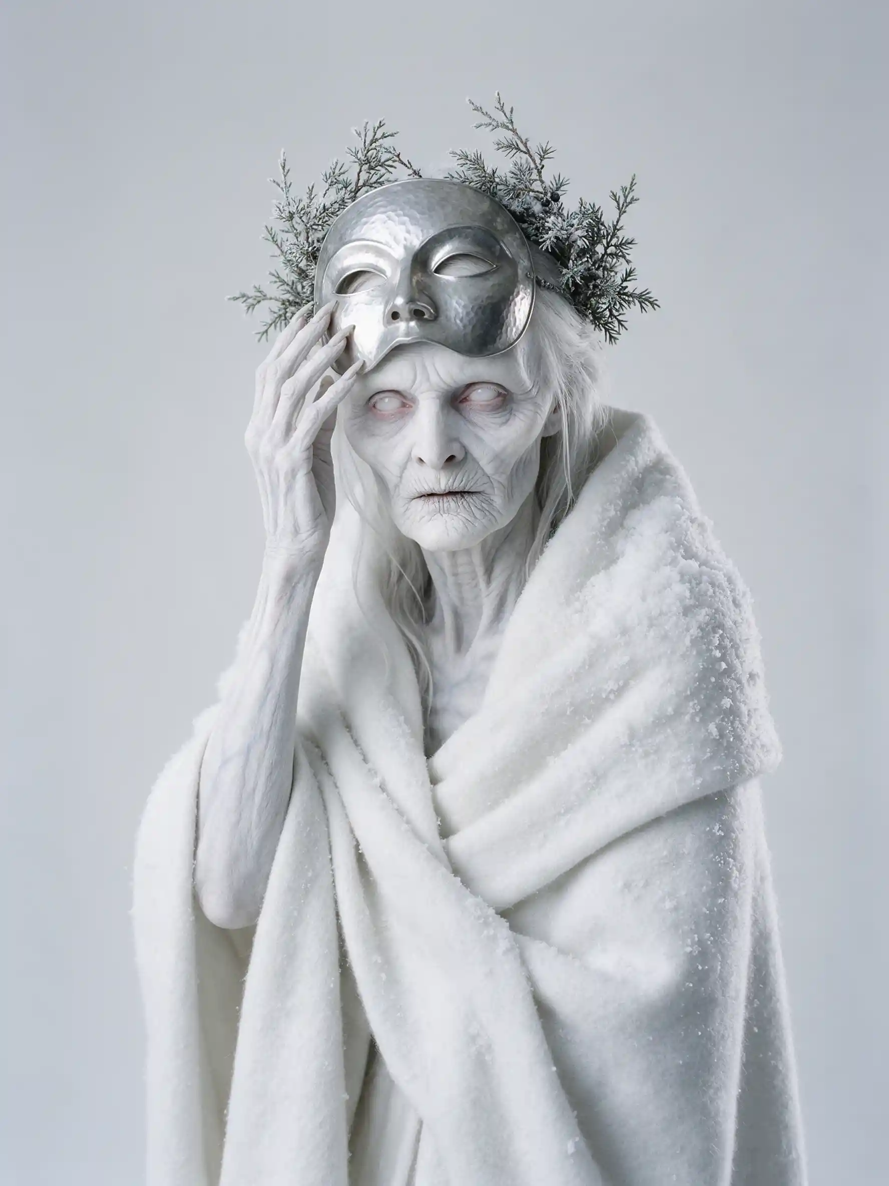 A frost-crowned snow goddess reveals her ancient face in studio portraiture