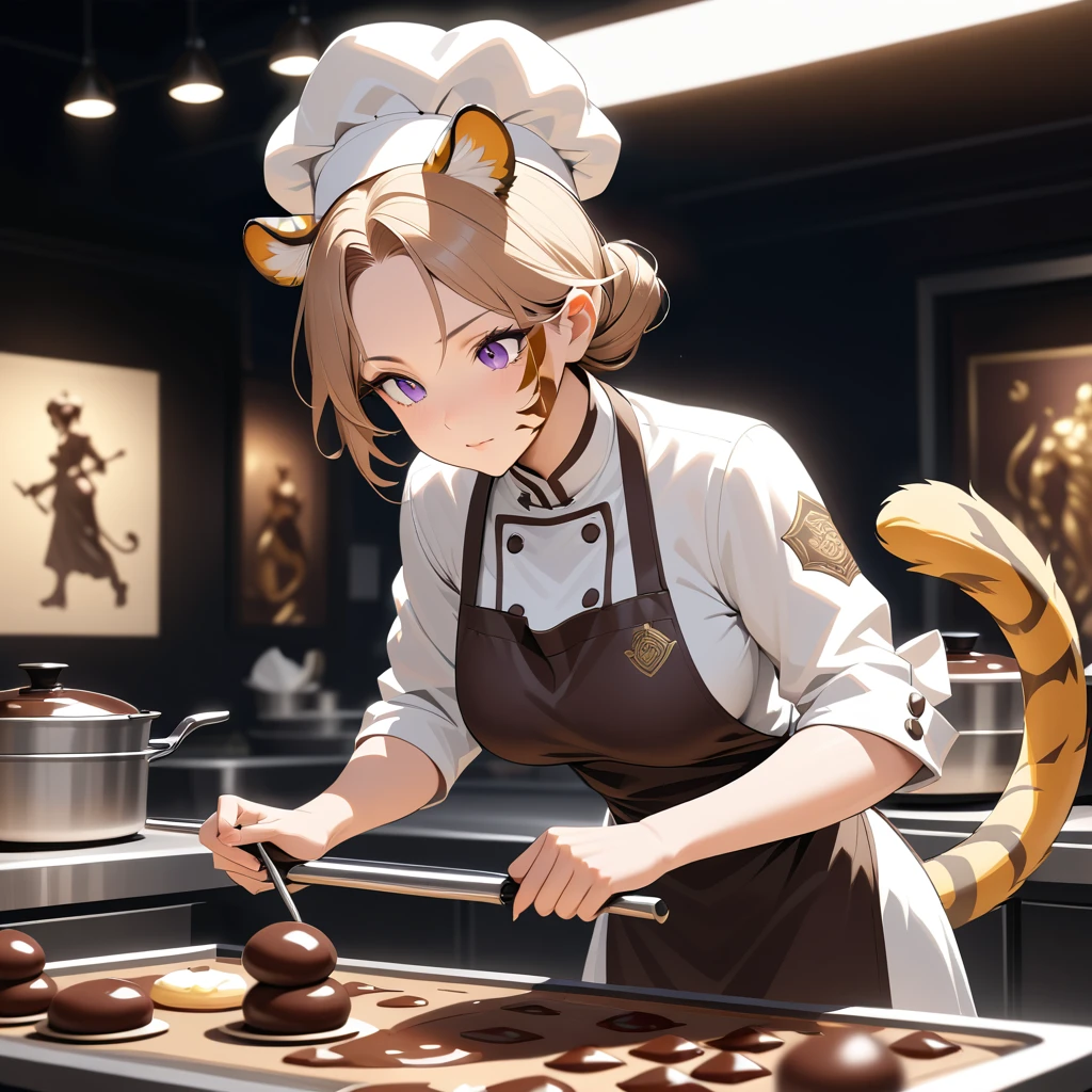 Tiger woman chef finishes a chocolate sculpture in a competition kitchen