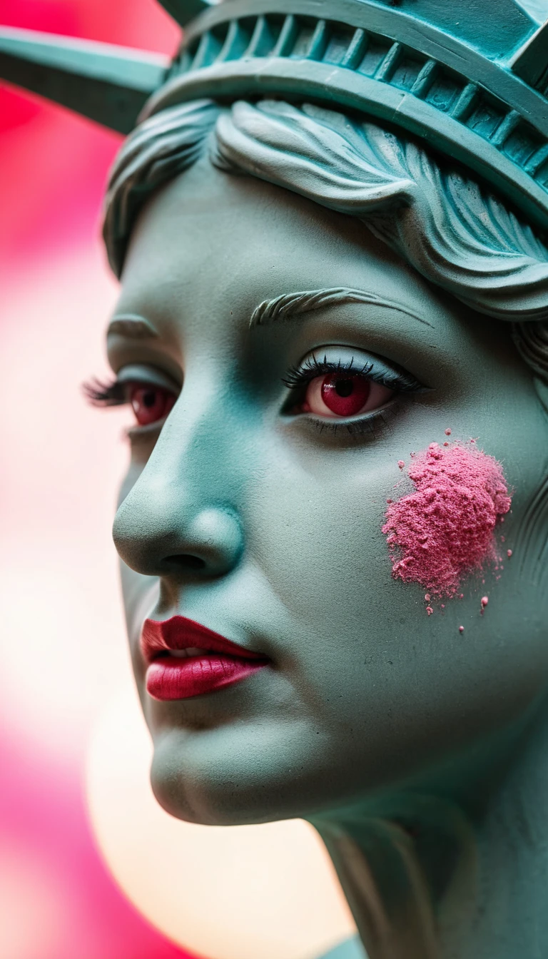 自由女神像在發光鏡子前塗上紅色口紅