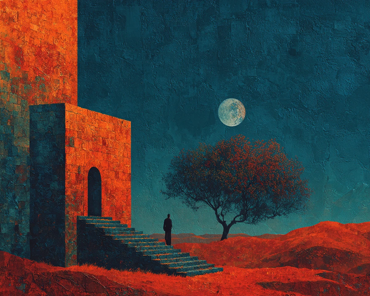 A dreamlike surreal collage with rich colors and canvas texture