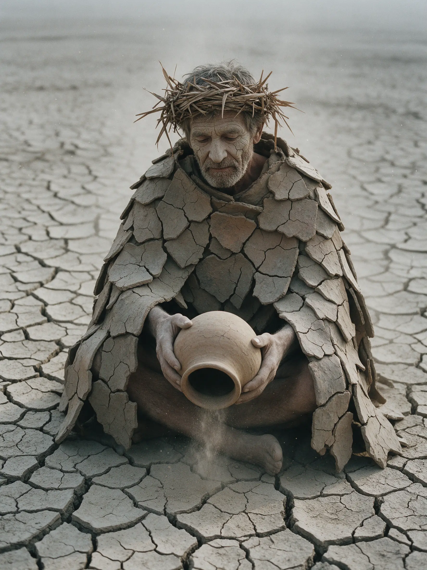 An Elderly Man Sits on a Dry Riverbed in a Clay Cloak
