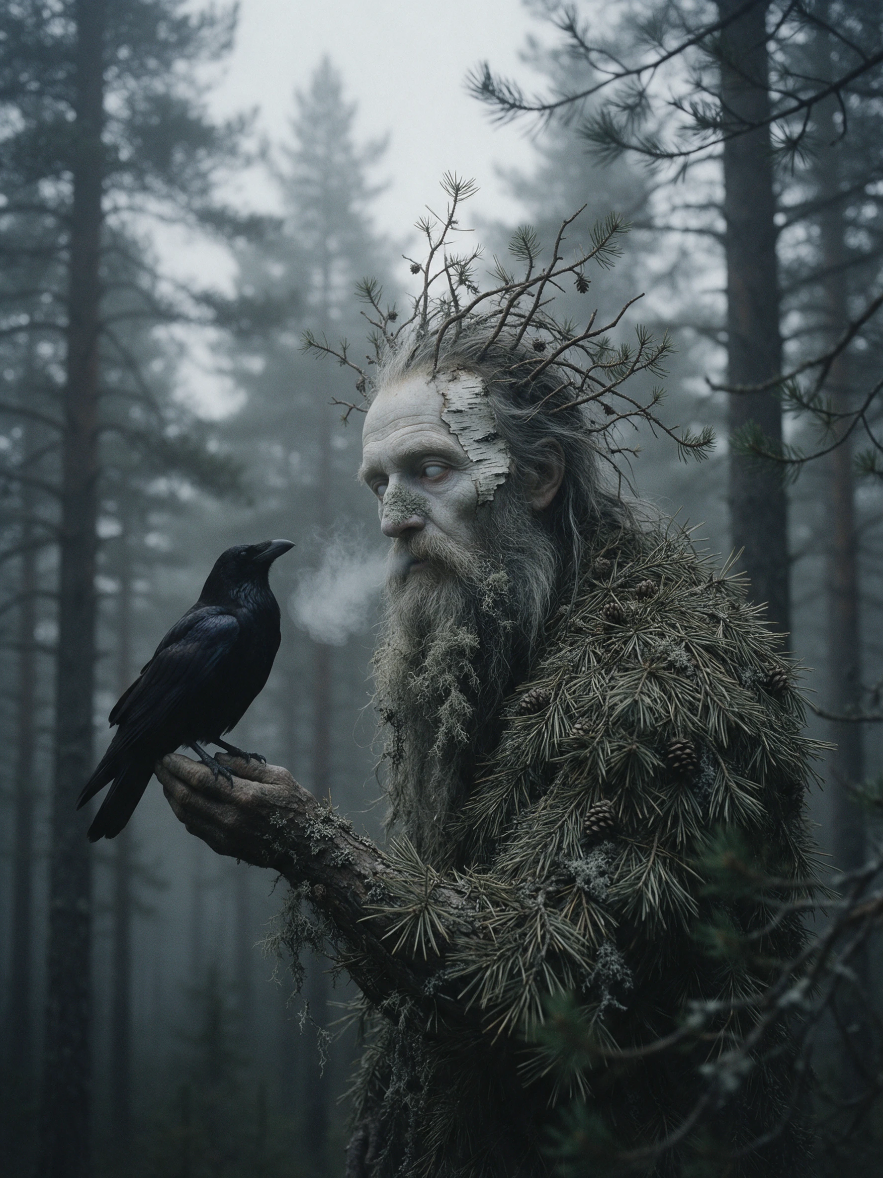 Ancient pine forest spirit stands in fog beneath a crown of branches