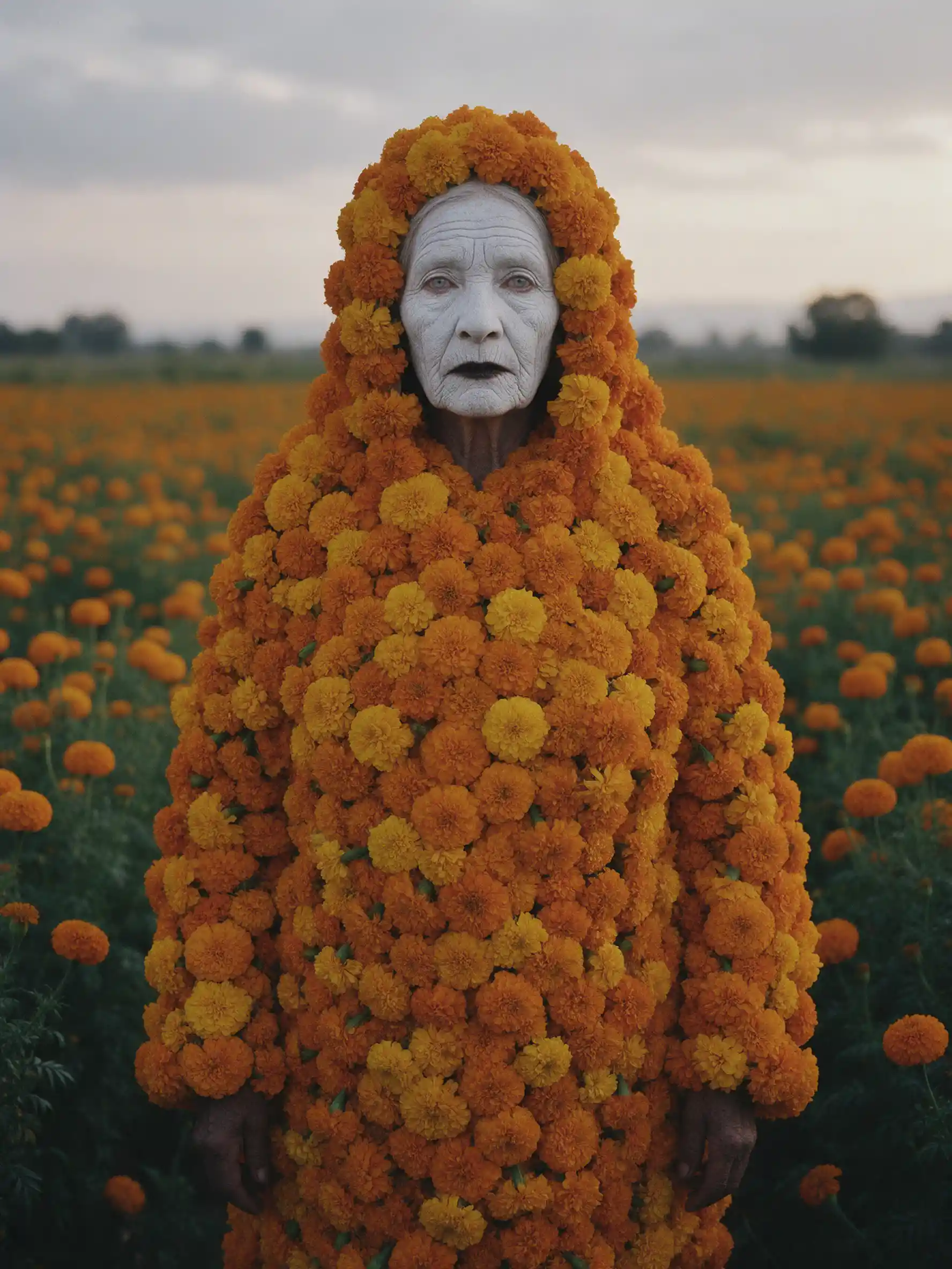 An elderly woman in a marigold robe stands in a vast flower field