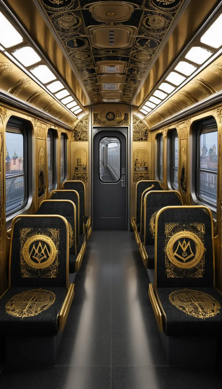 A Black Moscow Metro Train Decorated With Golden City Symbols