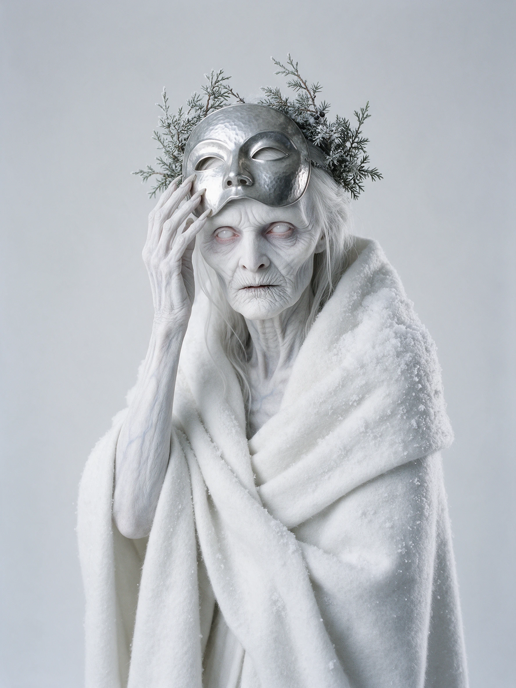 A frost-crowned snow goddess reveals her ancient face in studio portraiture