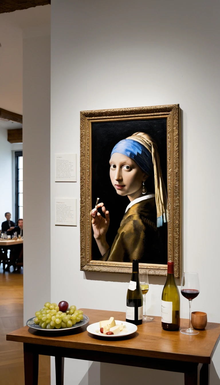 Deux femmes peintes se penchent hors de leurs portraits pour partager du vin et du fromage