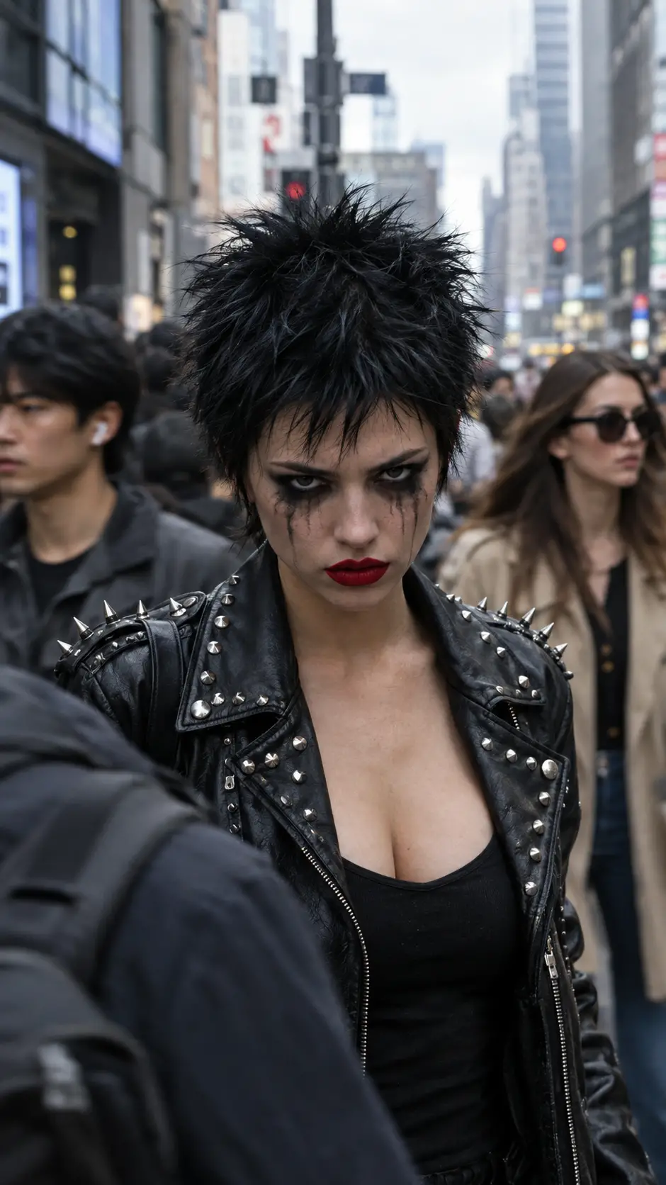 Una ragazza punk si distingue tra i passanti indifferenti in una strada affollata della città