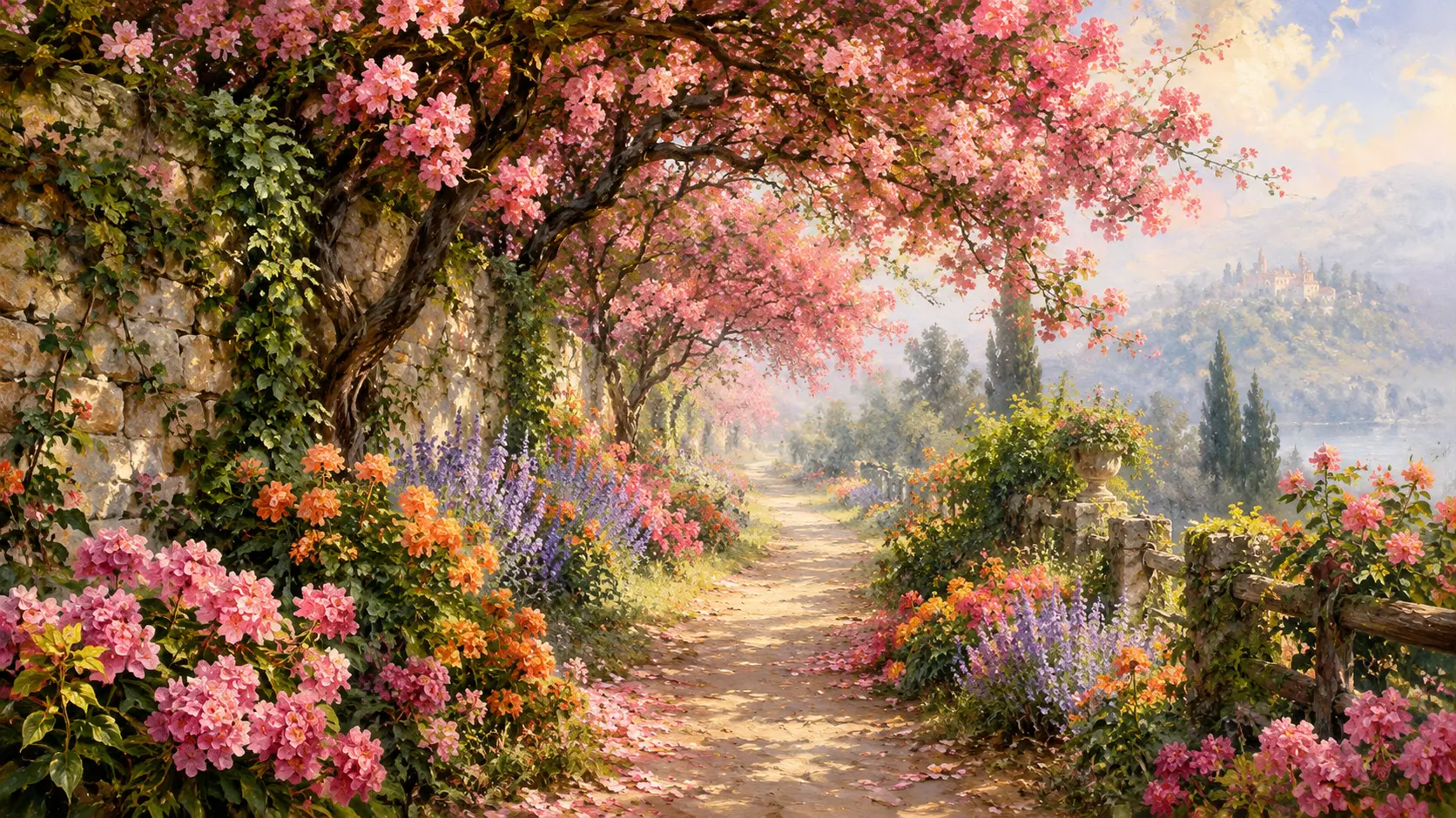 Une allée de jardin fleurie sous la ramure d’arbres aux fleurs roses