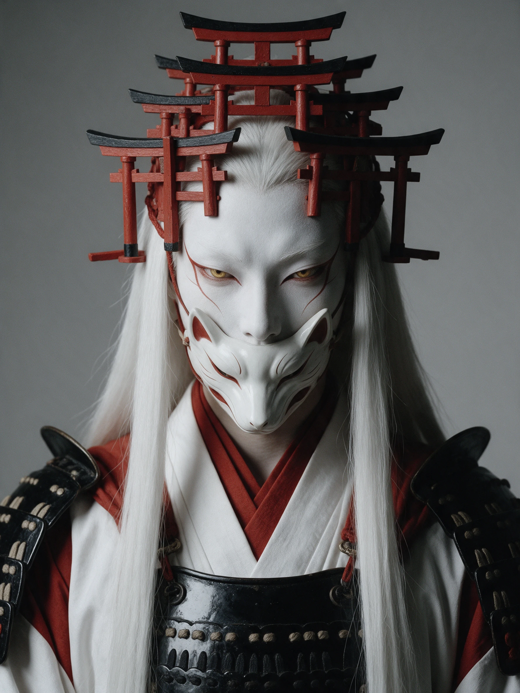 A fox shrine warden spirit in vermilion and white robes