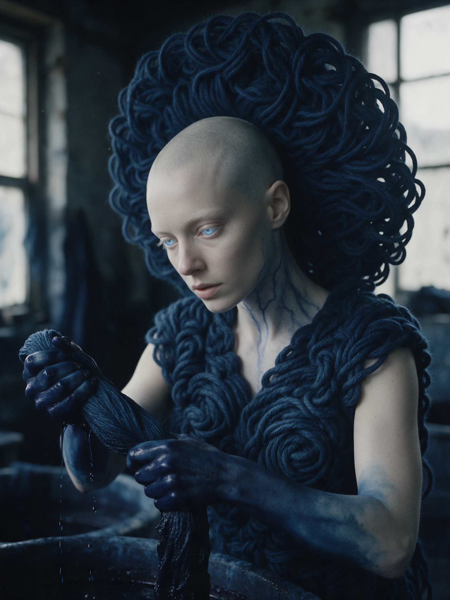 An indigo spirit wringing wool in a dim dye workshop