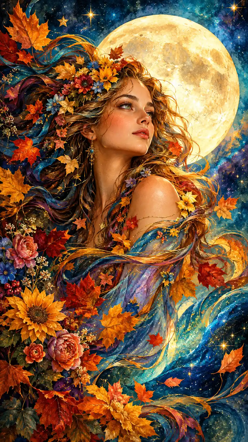 A Woman's Flowing Hair Weaves Autumn Leaves Beneath a Luminous Full Moon