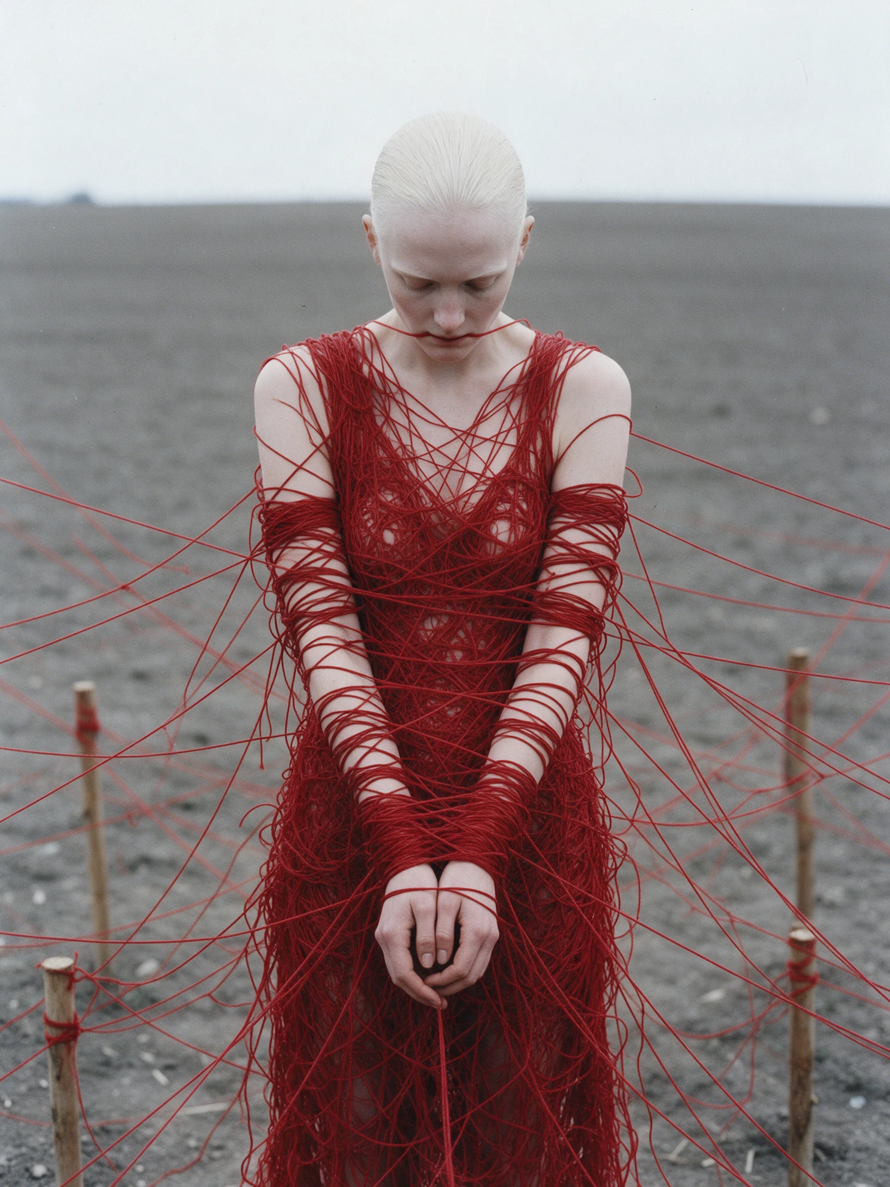 Ein Kleid aus rotem Faden fesselt ein Model auf einem leeren Feld