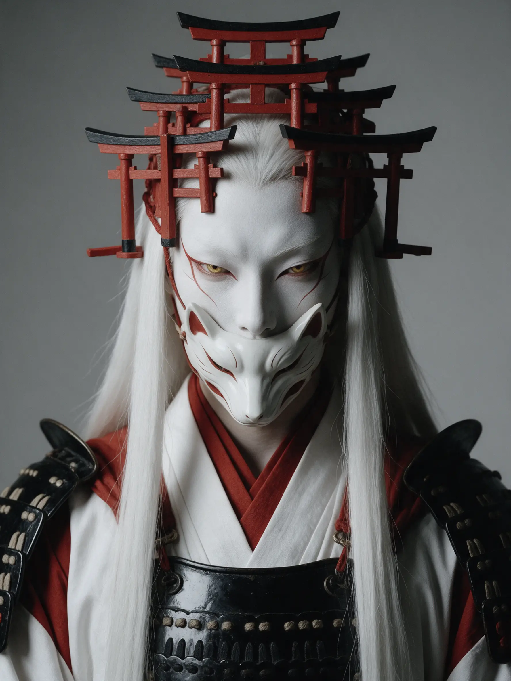 A fox shrine warden spirit in vermilion and white robes