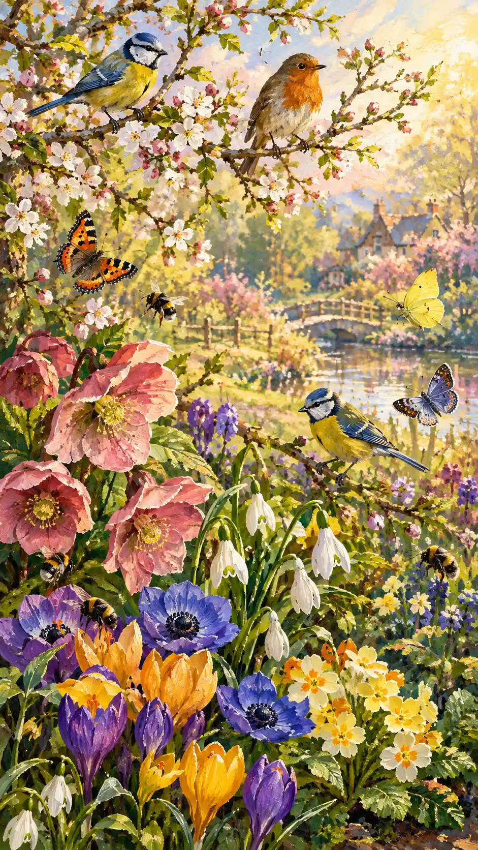Un tapis de fleurs printanières avec des oiseaux chanteurs et des papillons dans une lumière dorée