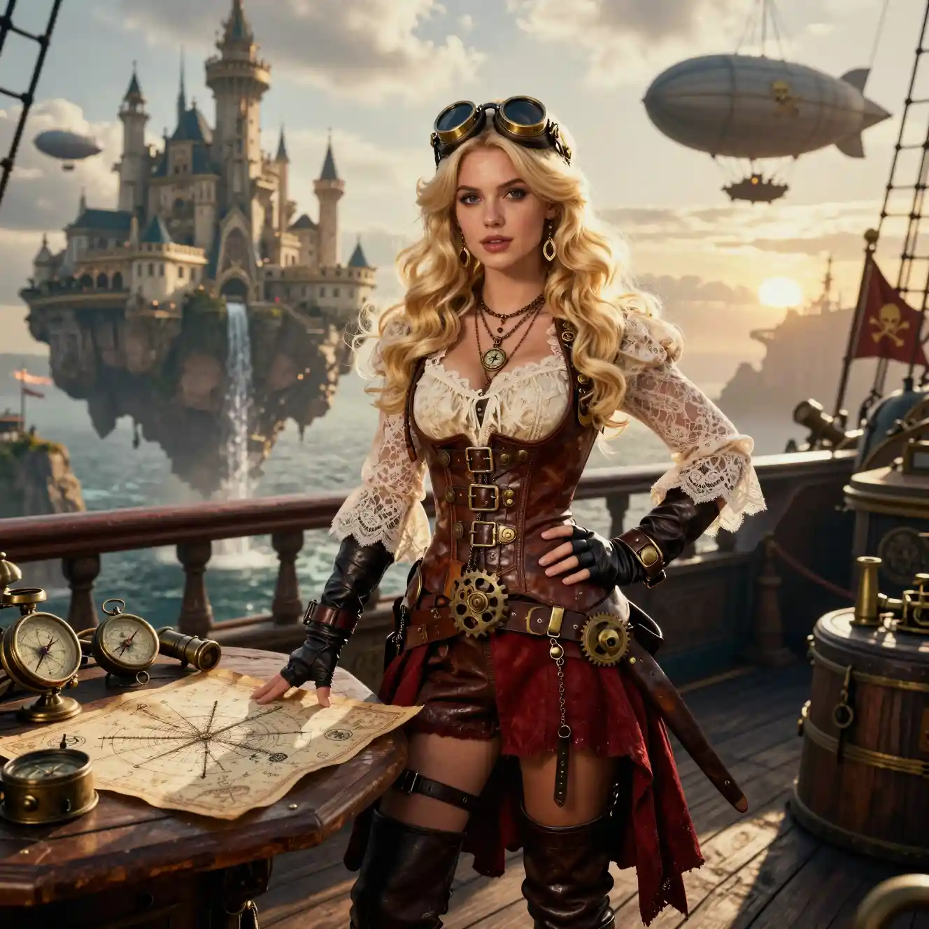 A steampunk pirate captain on an airship deck before a floating castle