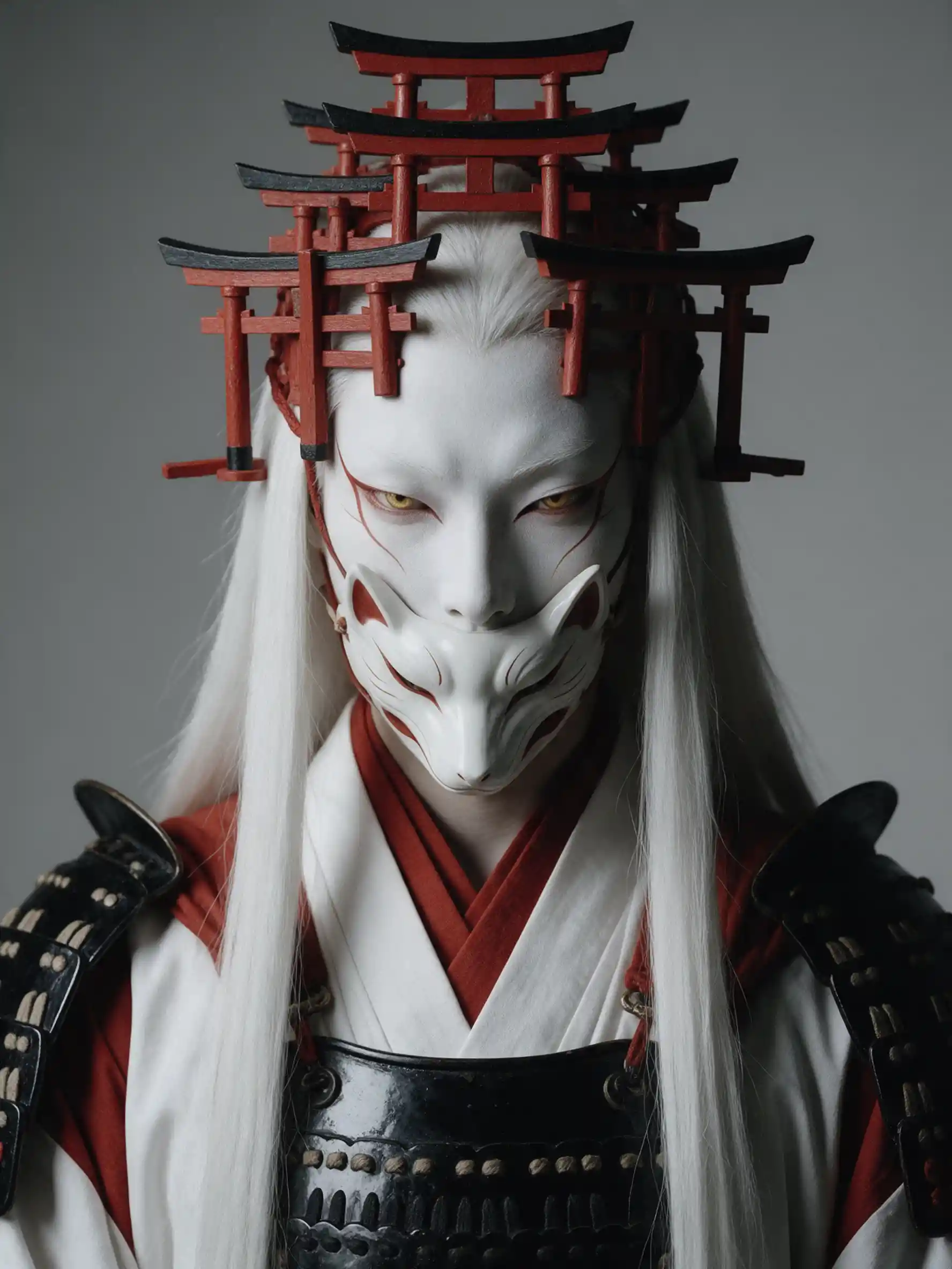 A fox shrine warden spirit in vermilion and white robes