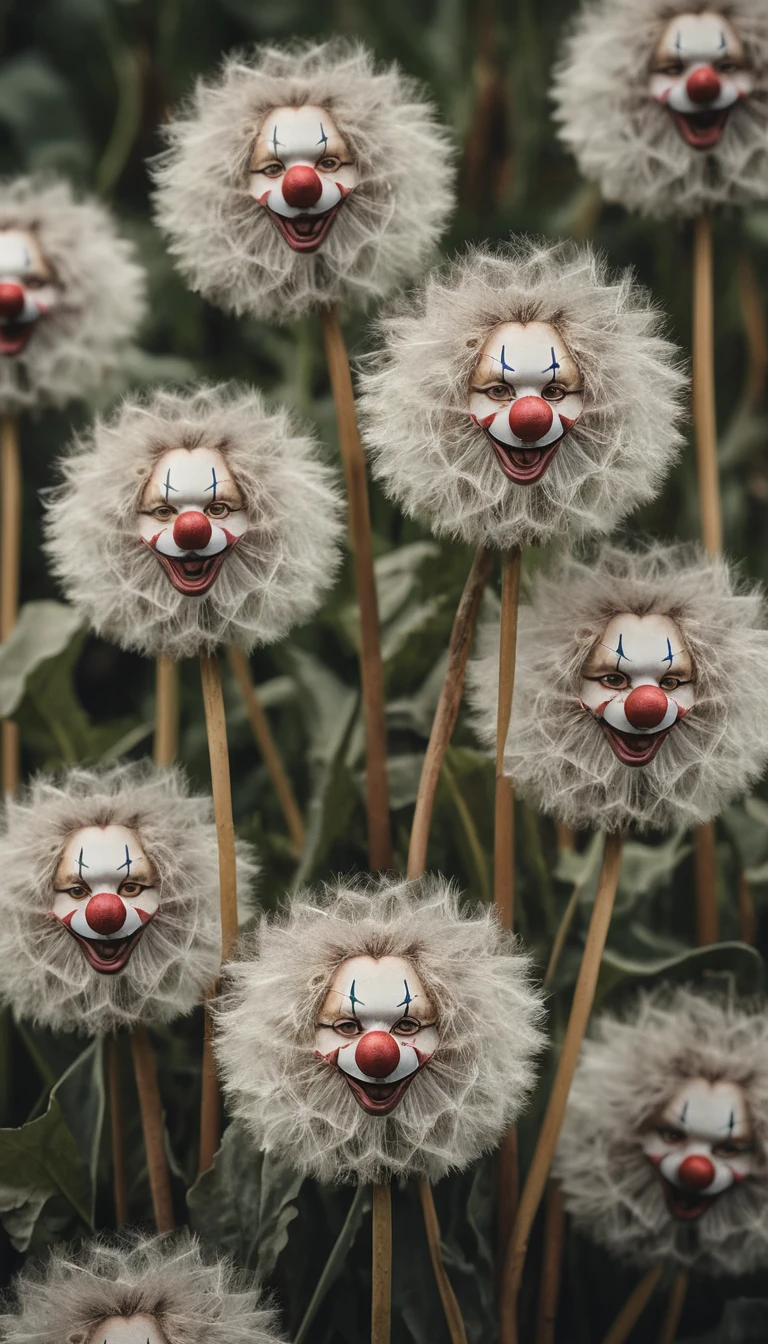 Flauschige Pusteblumen bilden Clownsgesichter mit urkomischer Mimik