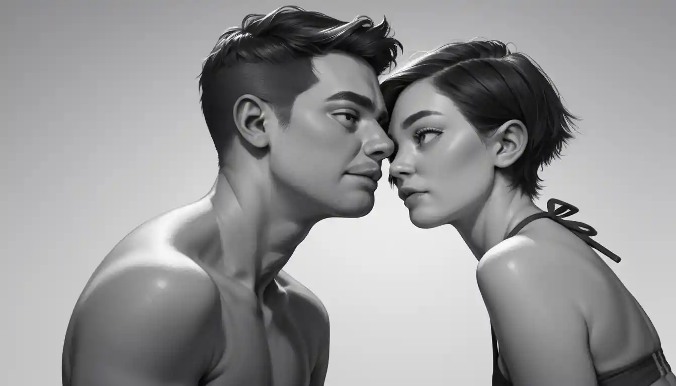 Two models pose as a woman turns away in a monochrome swimwear editorial