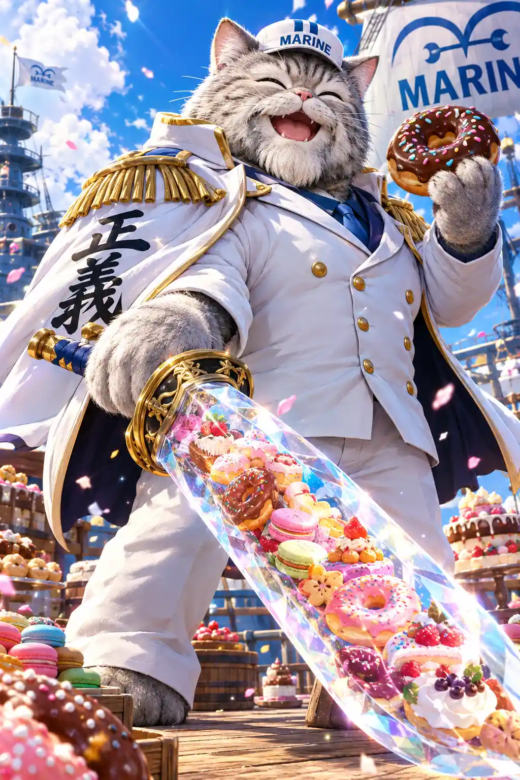 ペストリーが詰まったクリスタルの刀を wield する猫の海兵隊員