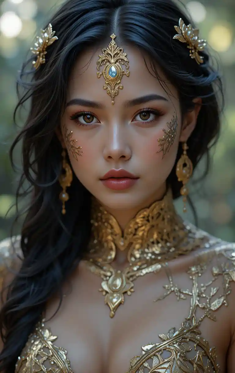 A Fantasy Woman in a Shimmering Adventure Outfit With Black Hair