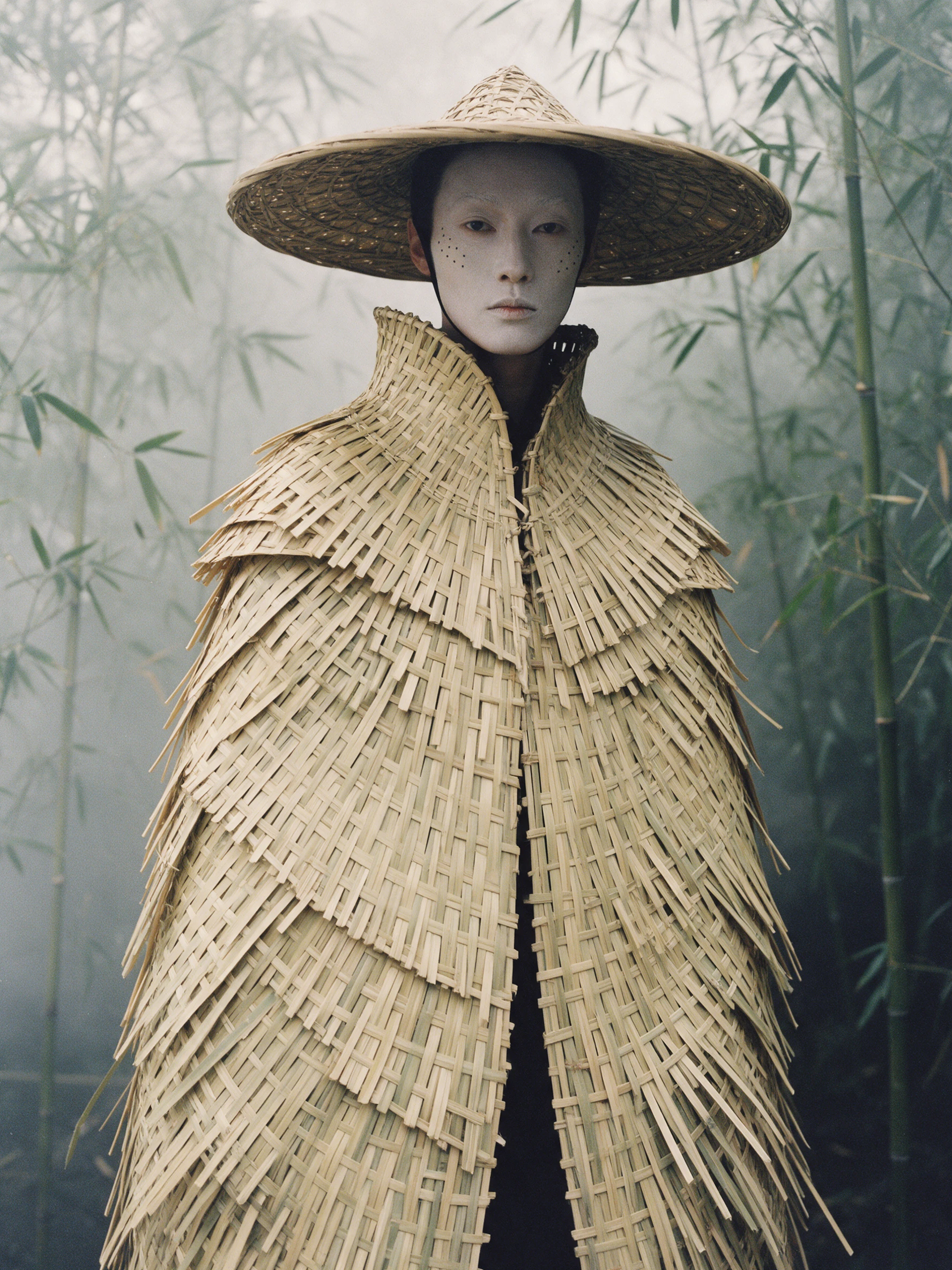 A Figure In Sculptural Bamboo Attire Stands In A Misty Grove