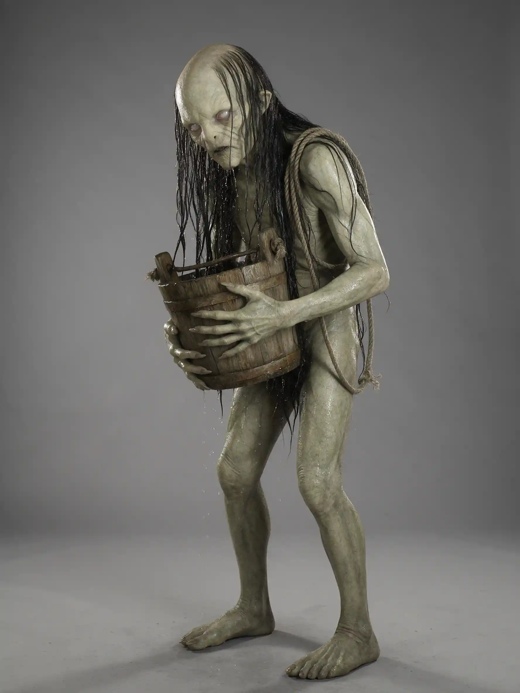 Una criatura demacrada abraza un cubo de pozo de madera en un retrato de estudio