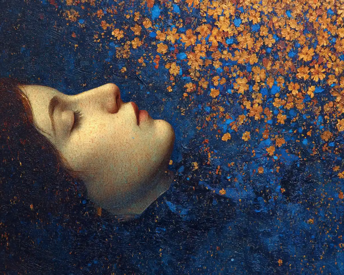 A Moody Surreal Collage in Deep Indigo and Golden Orange