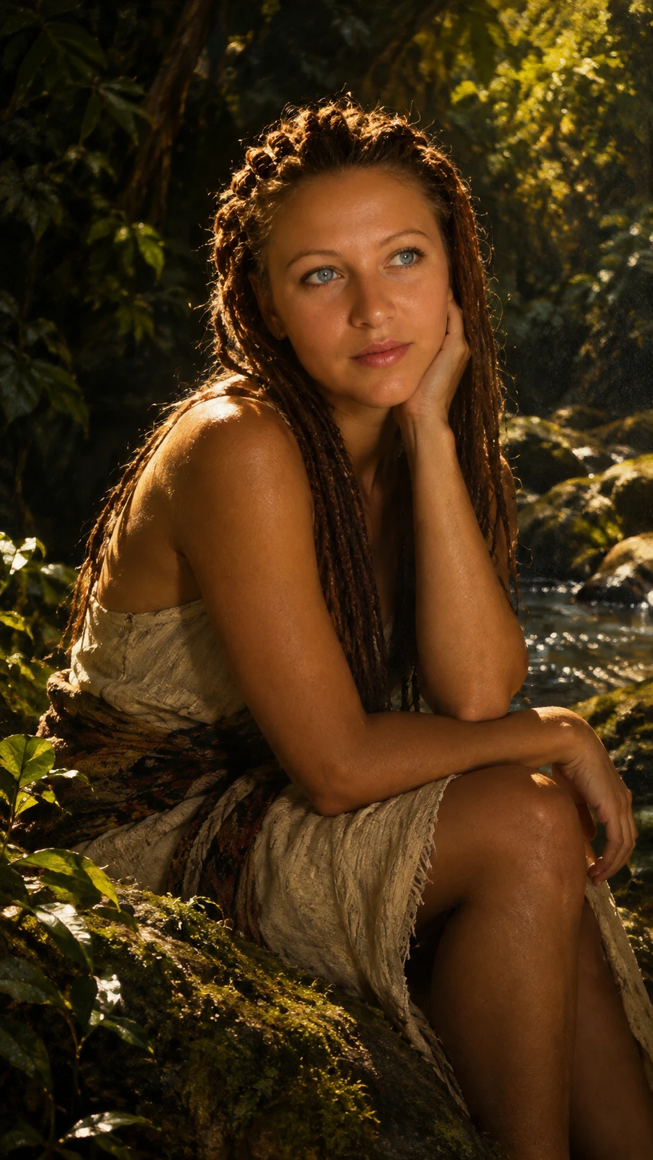 Indigenous girl contemplates beside a jungle stream in golden light